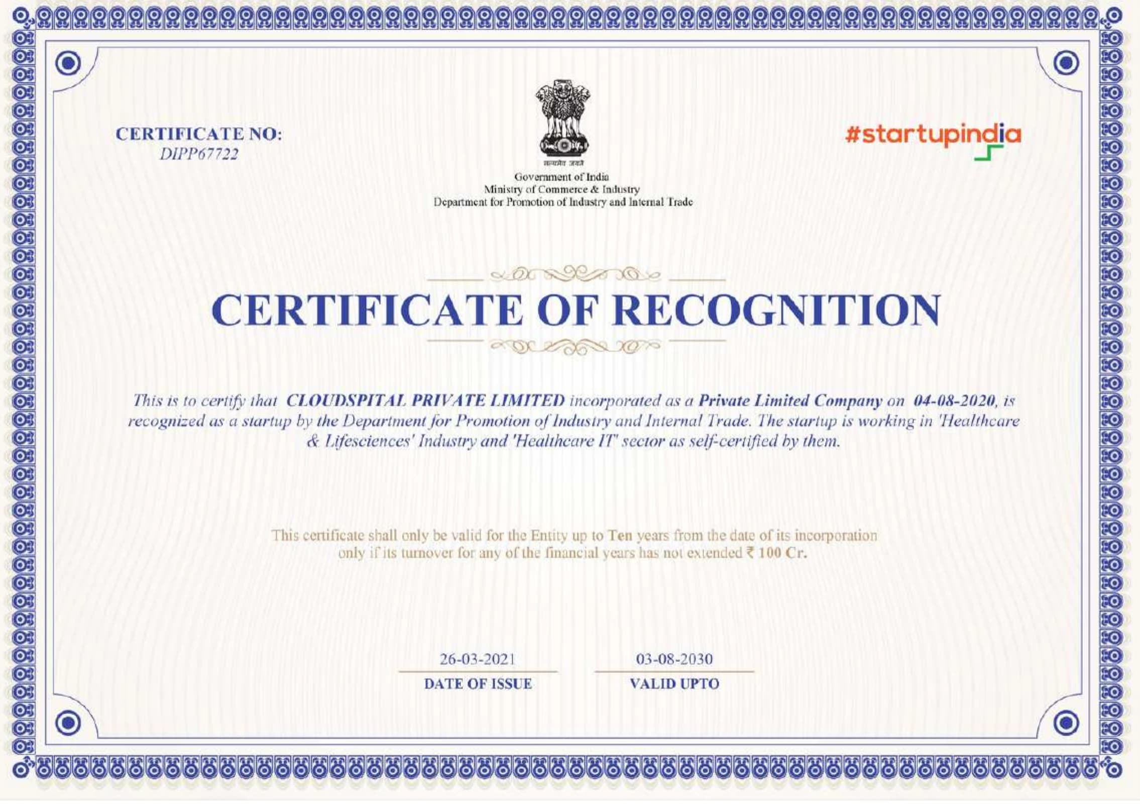 Certificate of Recognition — Cloudspital Private Limited recognised as a startup by DPIIT, Government of India (Certificate No. DIPP67722)
